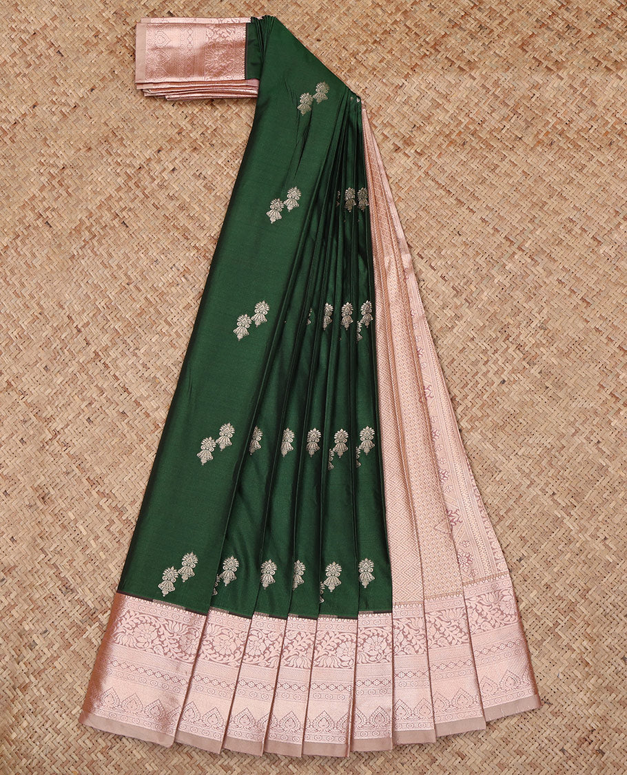 Green Budget Silk Saree, Spotlighted with Zari Buttas All Over Its Body, Complemented by a Contrast Traditional Zari Design Border, Jaal Pattern Woven Pallu, and Paired with a Contrast Blouse - Image 2