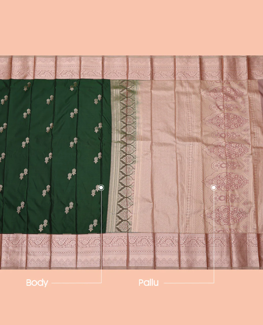 Green Budget Silk Saree, Spotlighted with Zari Buttas All Over Its Body, Complemented by a Contrast Traditional Zari Design Border, Jaal Pattern Woven Pallu, and Paired with a Contrast Blouse - Image 3