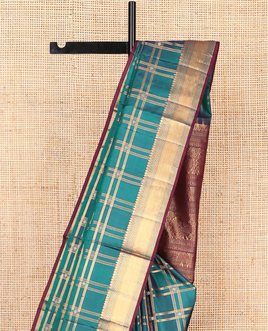 Green butta enclosed checked Mayuri soft silk saree, zari border of thilakam mokku, banaras, muthu, puli nagam, and vanki designs, and contrast pallu of mayil and yaanai designs - Image 3