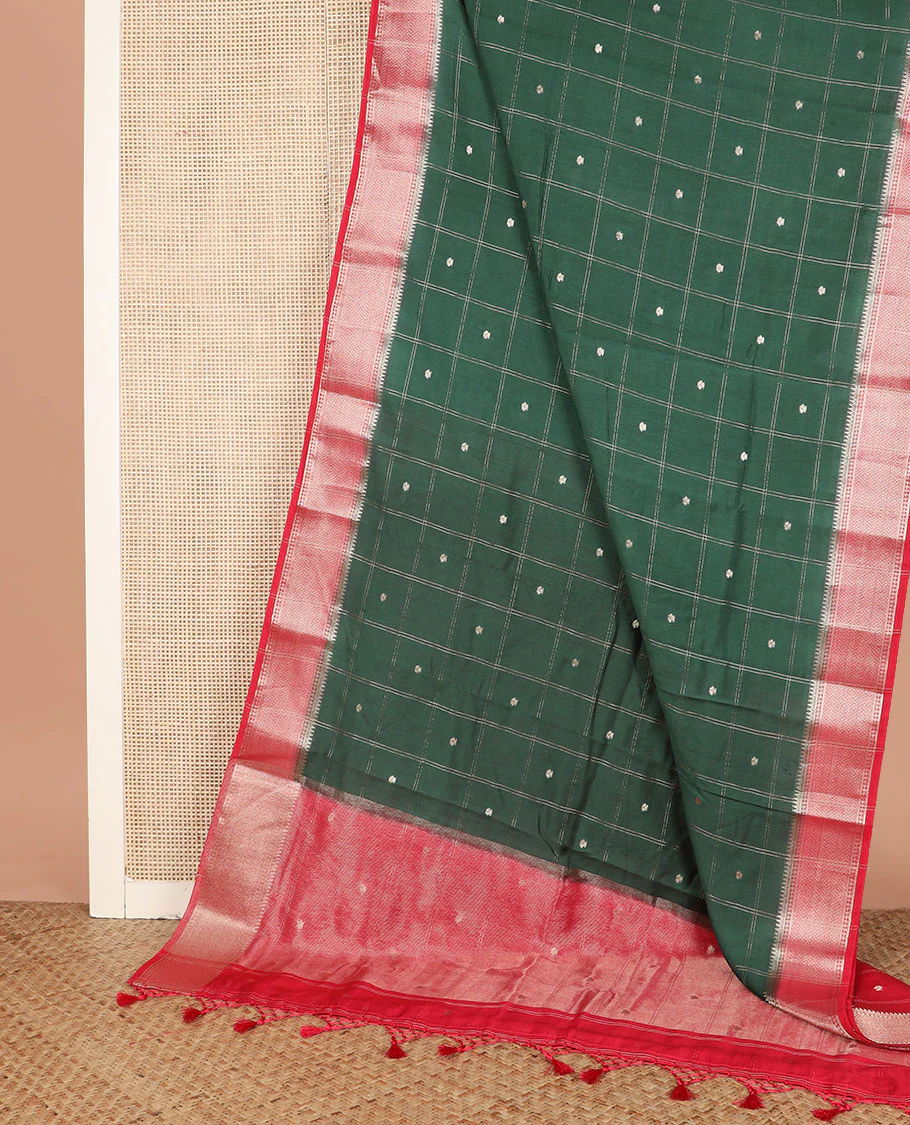 Green buttas enclosed checked assam silk saree, contrast traditional zari border, and pallu of zari design - Image 2