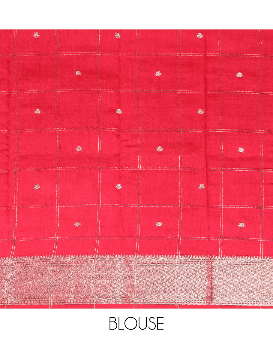 Green buttas enclosed checked assam silk saree, contrast traditional zari border, and pallu of zari design - Image 3