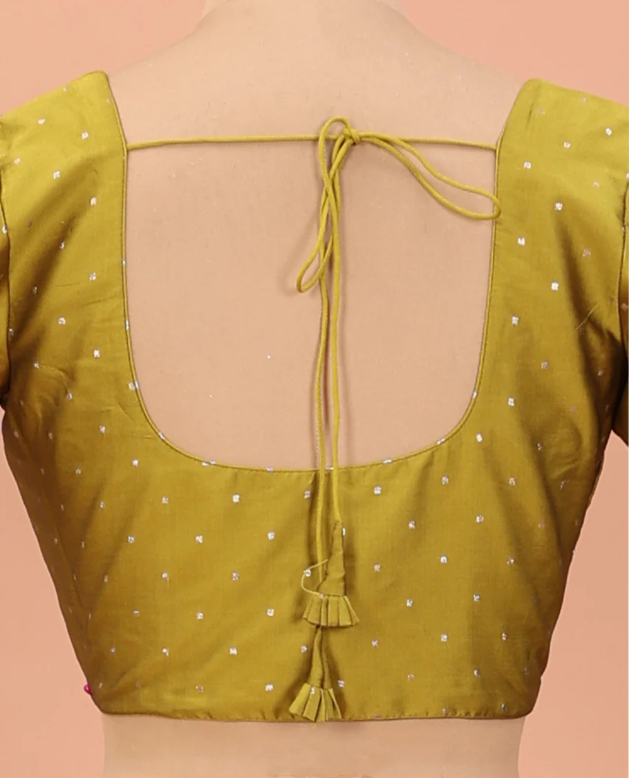 Green buttas front-back round neck elbow sleeve readymade blouse - Image 4