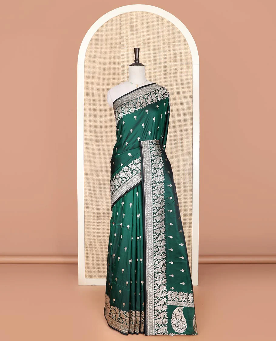 Green buttas mushru silk saree, self-border of floral-paisley creeper designs, and paisley design pallu - Image 2
