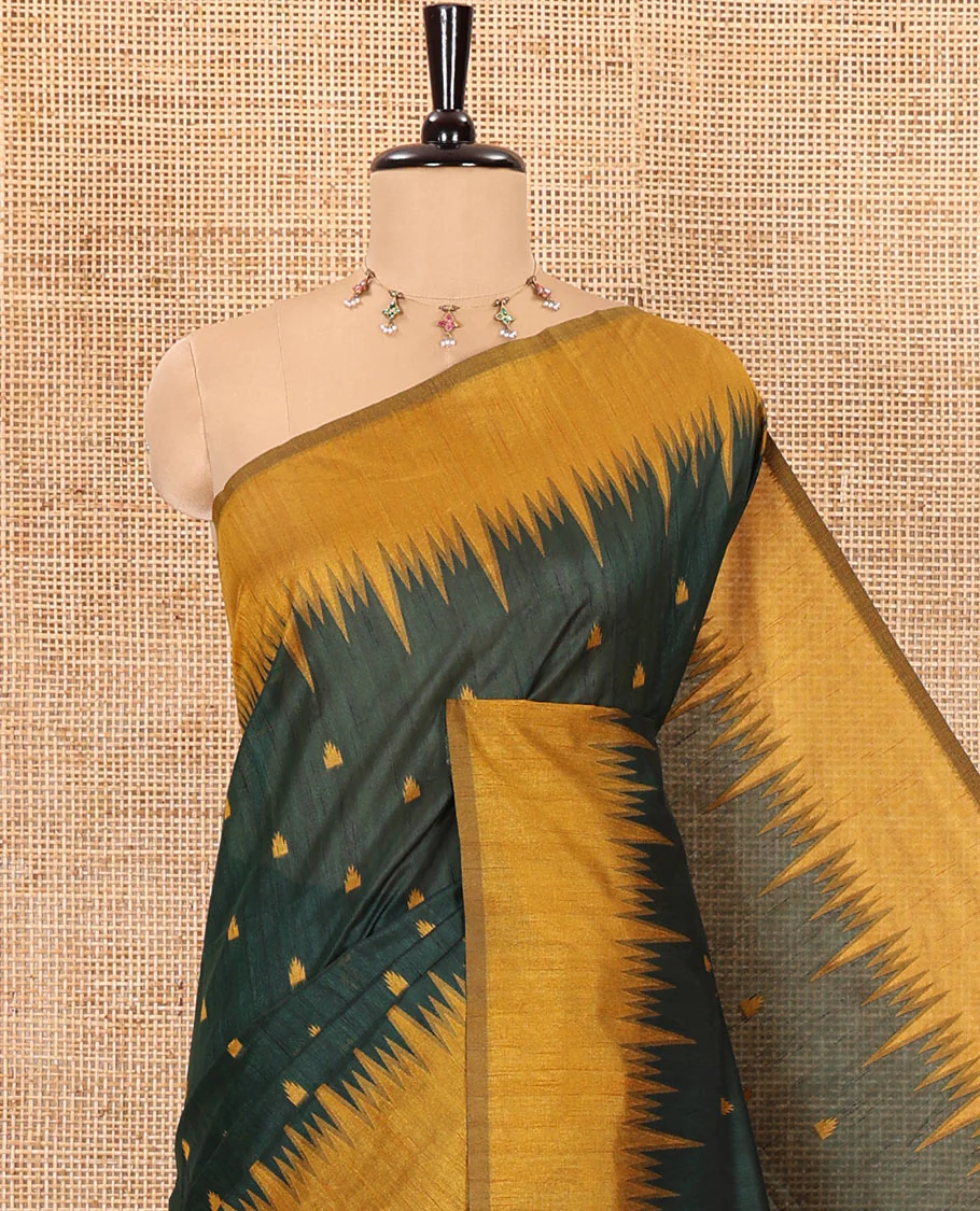 Green buttas semi-jute saree with contrast temple border, thread striped pallu, and a contrast thread buttas blouse - Image 2