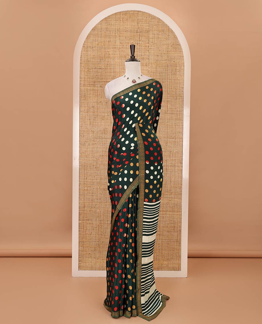 Green colorful polka dots printed satin crepe saree, contrast piping border, stripes printed pallu & contrast printed blouse - Image 2