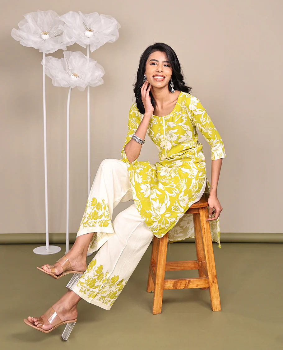 Green Cotton Ready-Made Suit, Featuring Silhouette-Style Floral Prints, a Round Neckline, 3/4 Sleeves, and Straight-Cut Top, Paired with Floral-Printed Straight-Cut Pants - Image 3