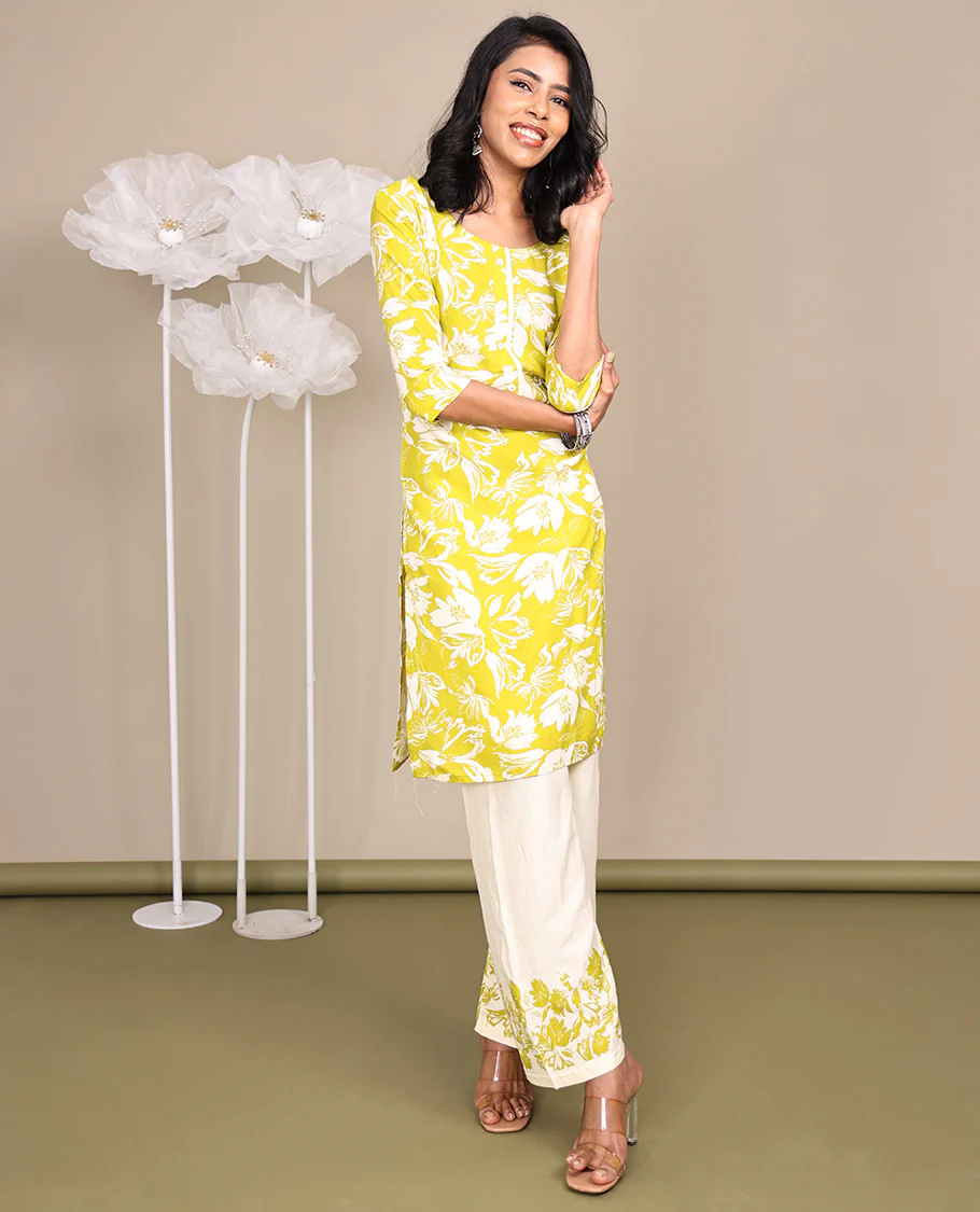 Green Cotton Ready-Made Suit, Featuring Silhouette-Style Floral Prints, a Round Neckline, 3/4 Sleeves, and Straight-Cut Top, Paired with Floral-Printed Straight-Cut Pants - Image 5