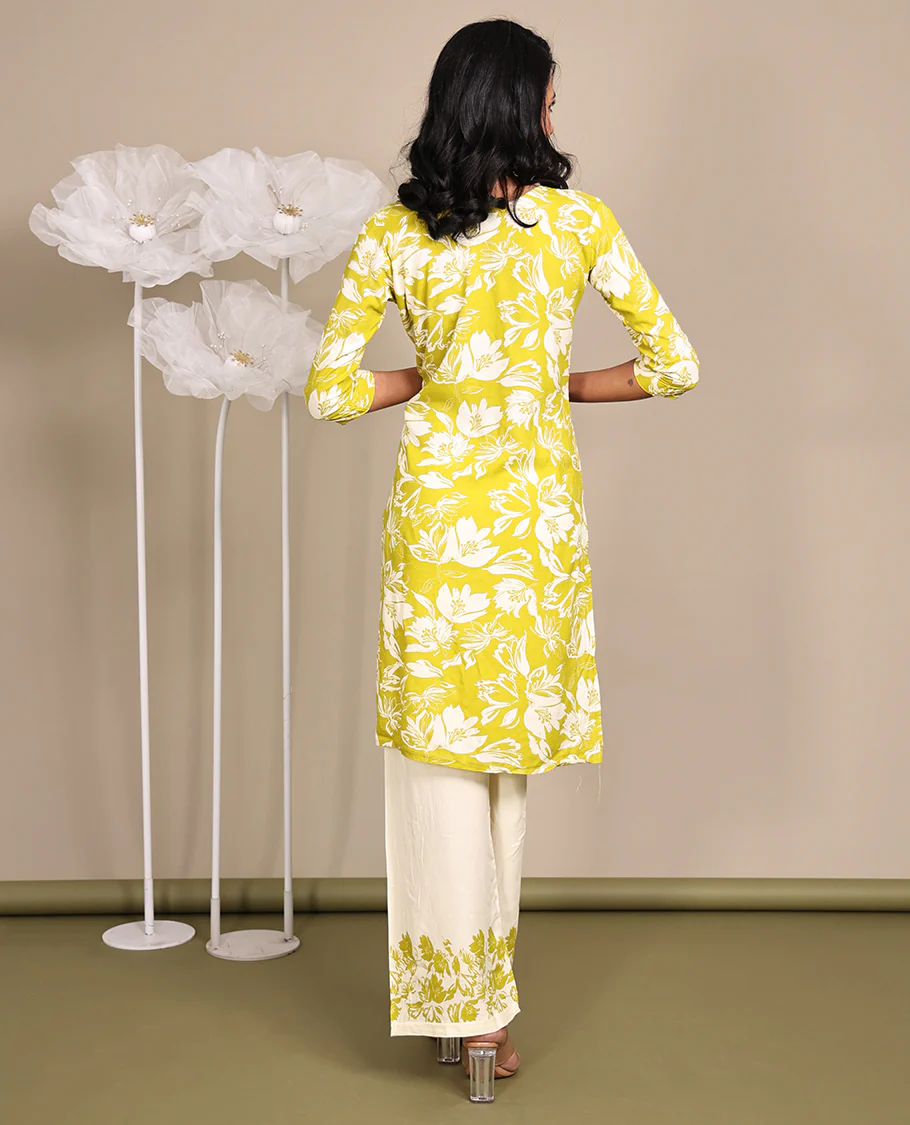 Green Cotton Ready-Made Suit, Featuring Silhouette-Style Floral Prints, a Round Neckline, 3/4 Sleeves, and Straight-Cut Top, Paired with Floral-Printed Straight-Cut Pants - Image 6