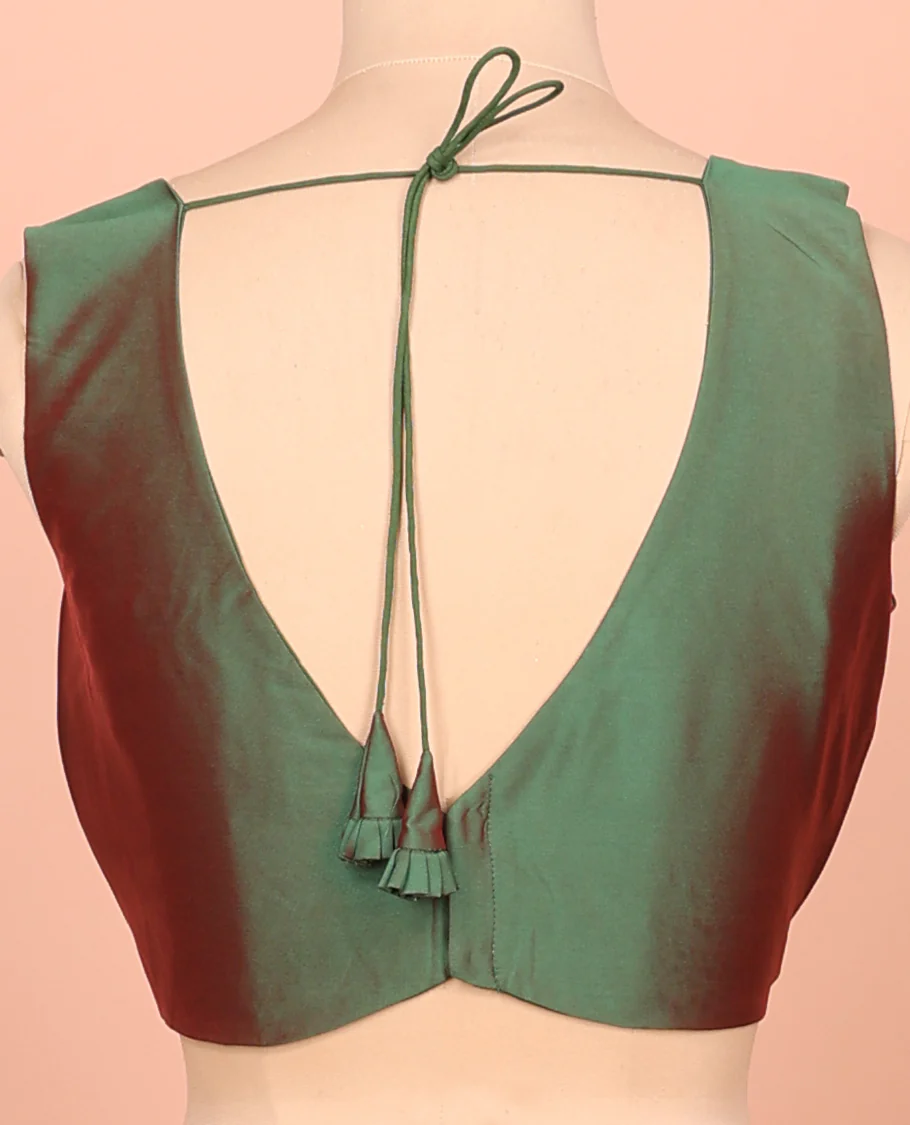 Green Dual-Toned Plain Readymade Blouse Featuring a Front V-Neck, Back Deep V-Neck, and Sleeveless - Image 4