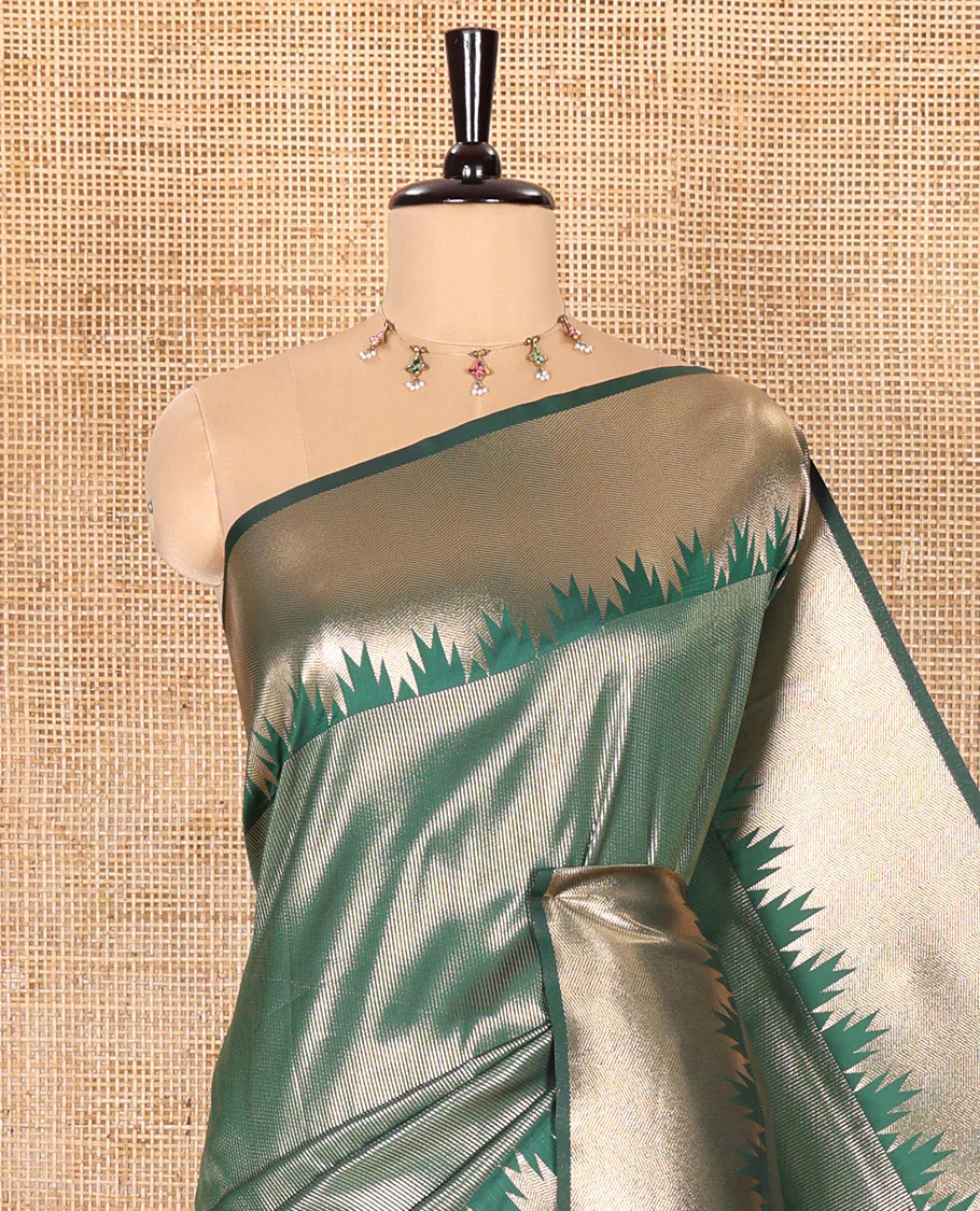 Green Elite Soft Silk Saree Gleamed Up with Vaira Oosi Stripes, Featuring a Temple Zari Border, Zari Elevated Pallu, and a Matching Zari Design Blouse - Image 2