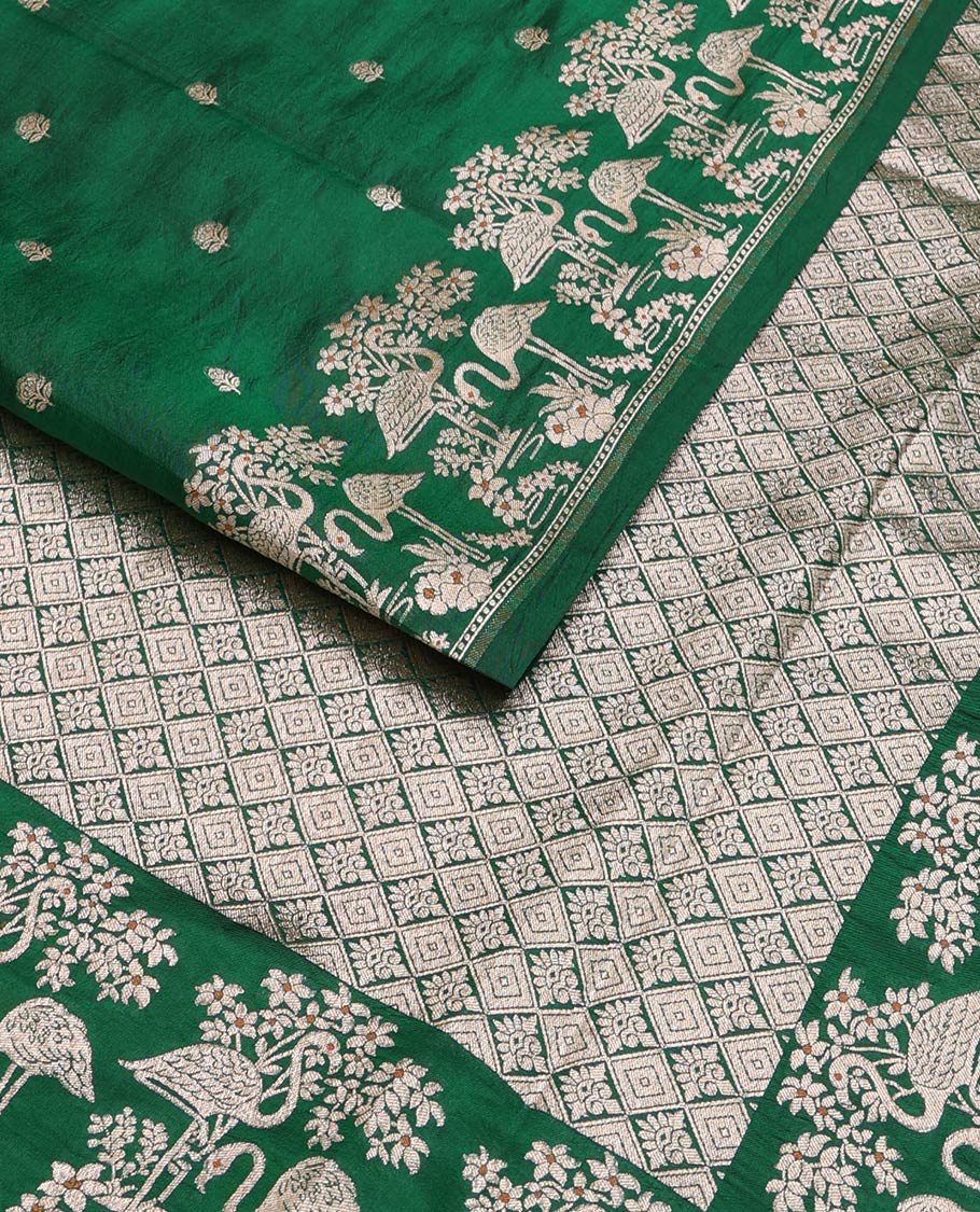 Green floral buttas raw mango silk saree, floral, and flamingos zari border, and jaal pallu - Image 2