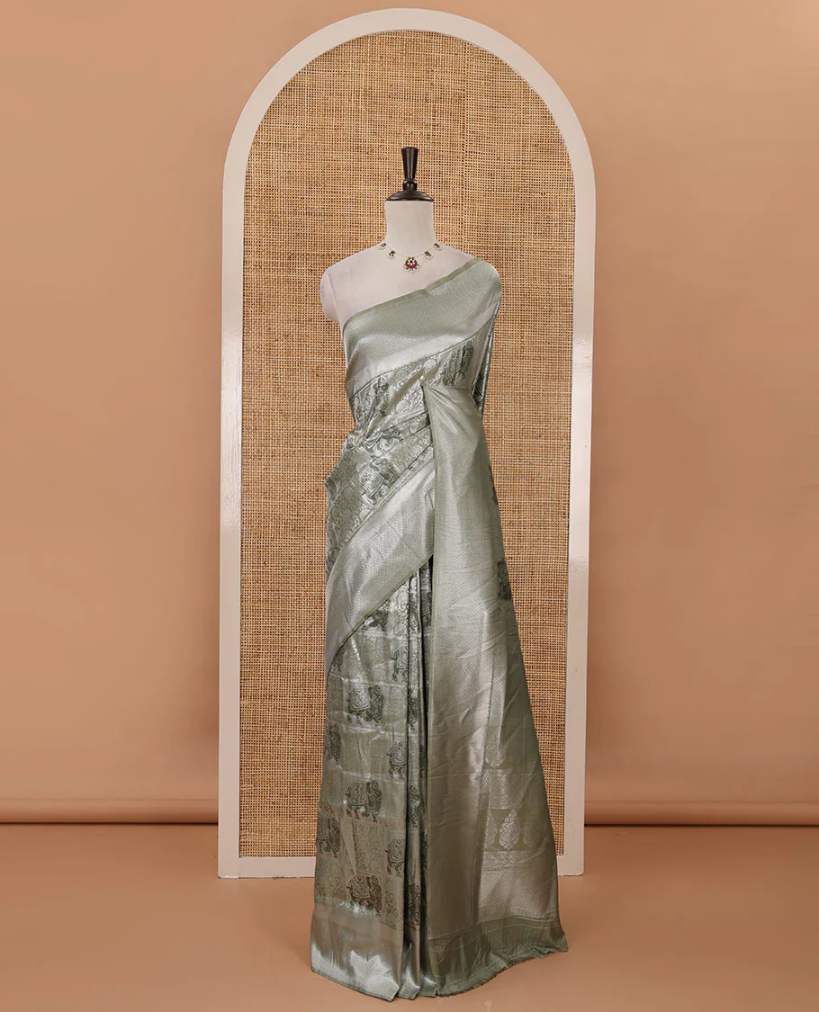 Green floral & elephant jacquard softy saree, diamond design zari border, intricate pallu & matching jacquard blouse - Image 2