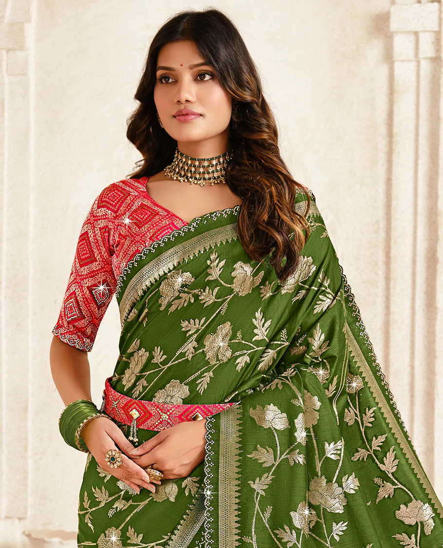 Green floral jaal designer saree, scallop stone work border, intricate pallu, and a embroidered belt - Image 2