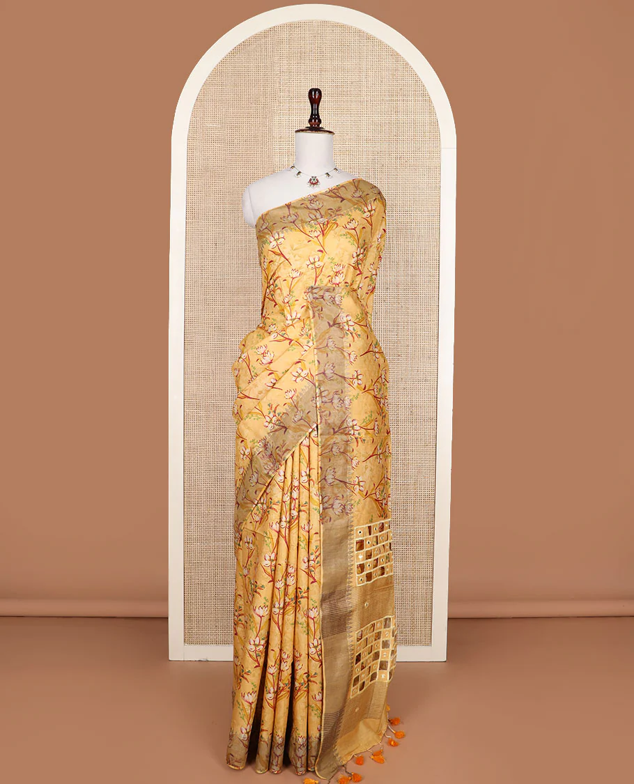 Yellow floral vine printed tussar silk saree, thilakam motifs border, and checked pallu - Image 3