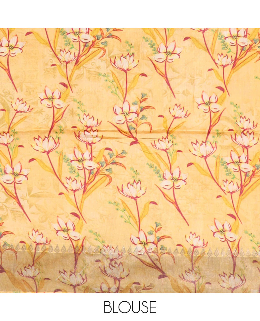 Yellow floral vine printed tussar silk saree, thilakam motifs border, and checked pallu - Image 4