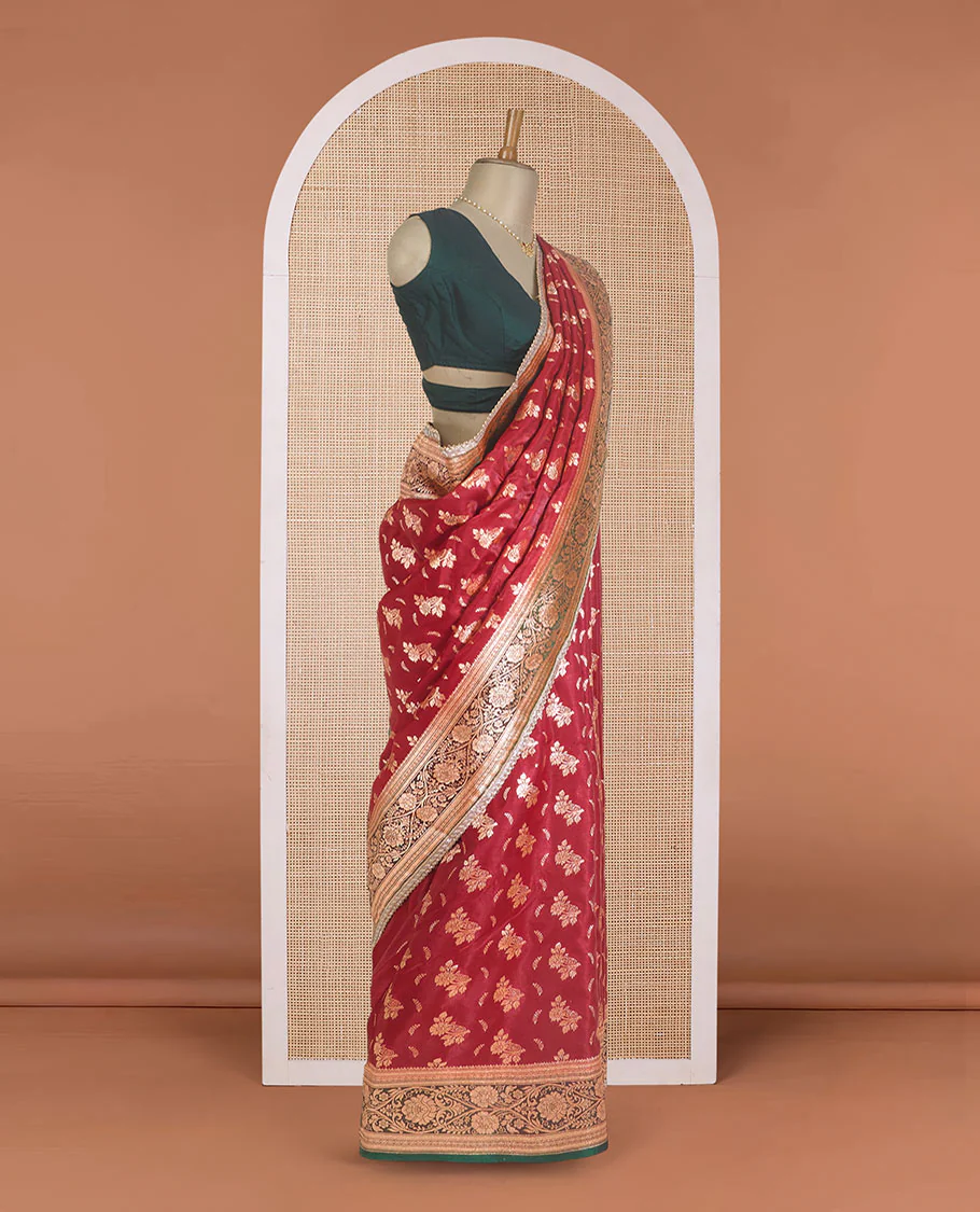 Red floral buttas with stone work Banaras Nylon silk saree, contrast floral creeper zari border, and Mughal-style intricately zari woven pallu