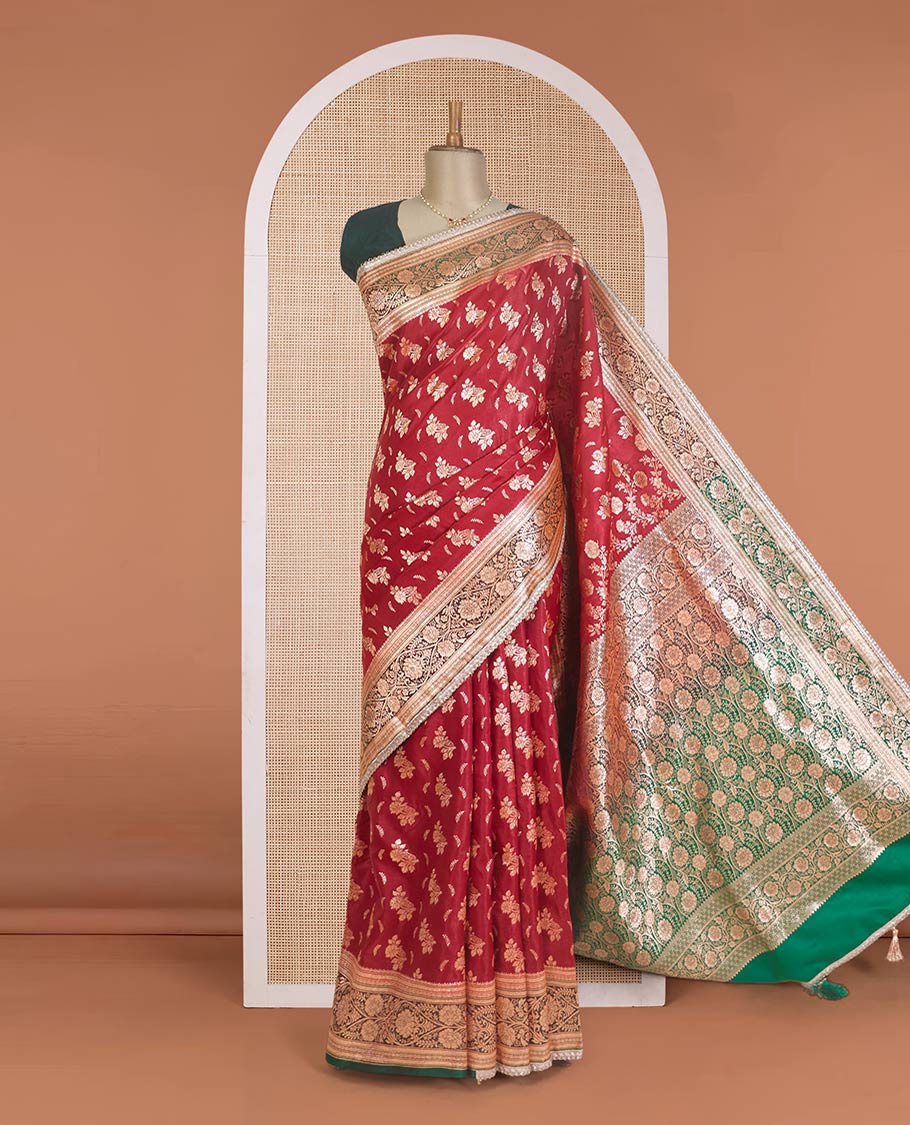 Red floral buttas with stone work Banaras Nylon silk saree, contrast floral creeper zari border, and Mughal-style intricately zari woven pallu - Image 2