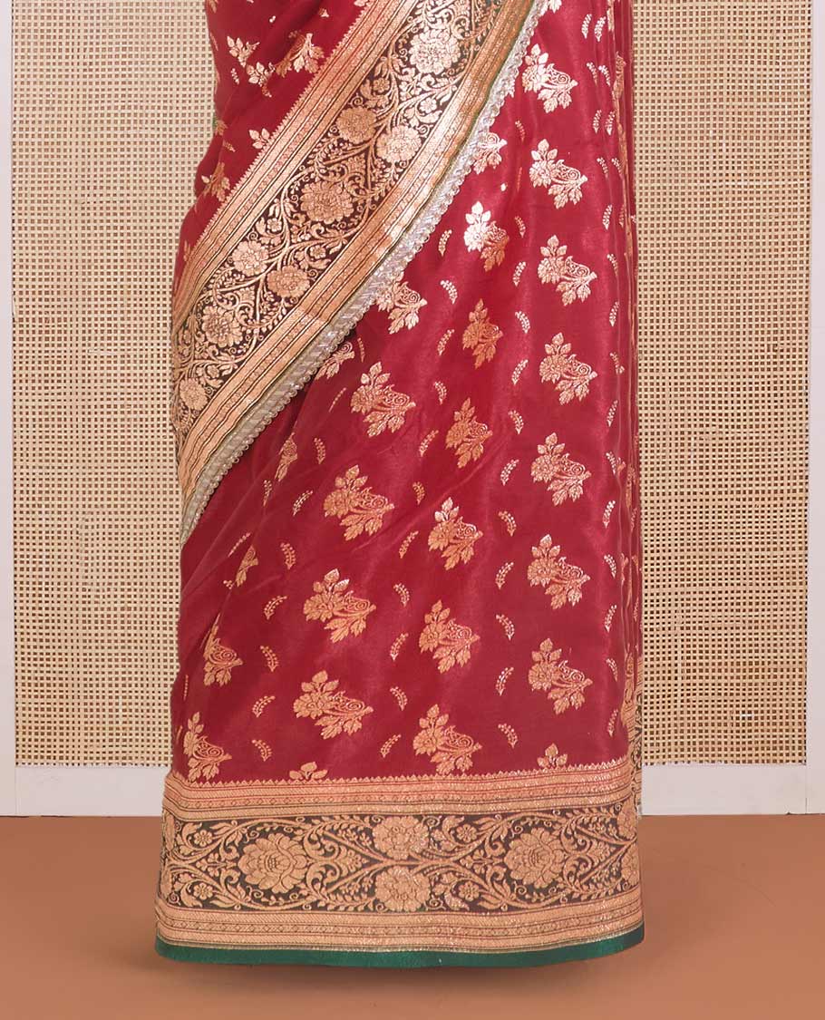 Red floral buttas with stone work Banaras Nylon silk saree, contrast floral creeper zari border, and Mughal-style intricately zari woven pallu - Image 4