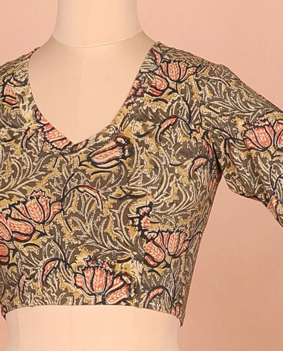 Green floral vine printed front and back leaf neck elbow sleeve cotton readymade blouse - Image 2
