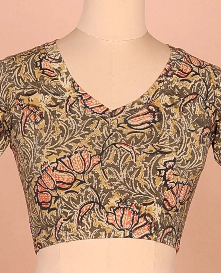 Green floral vine printed front and back leaf neck elbow sleeve cotton readymade blouse - Image 3