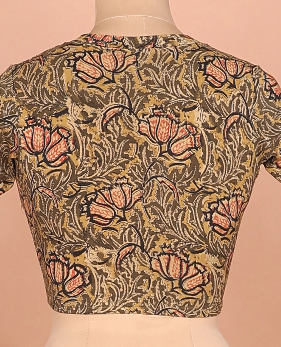 Green floral vine printed front and back leaf neck elbow sleeve cotton readymade blouse - Image 4