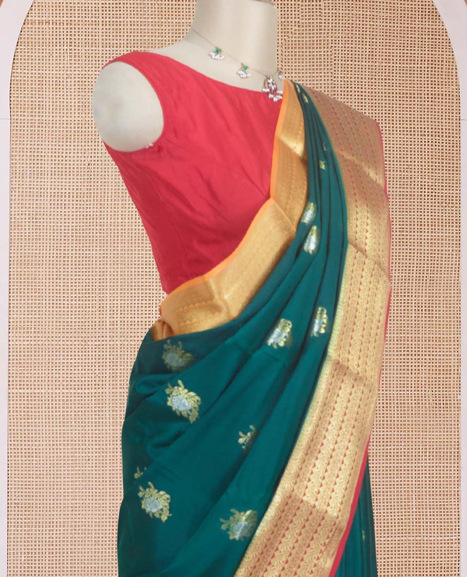 Green floral zari buttas Mysore silk saree, contrast traditional design zari border, and diagonal striped pallu - Image 3