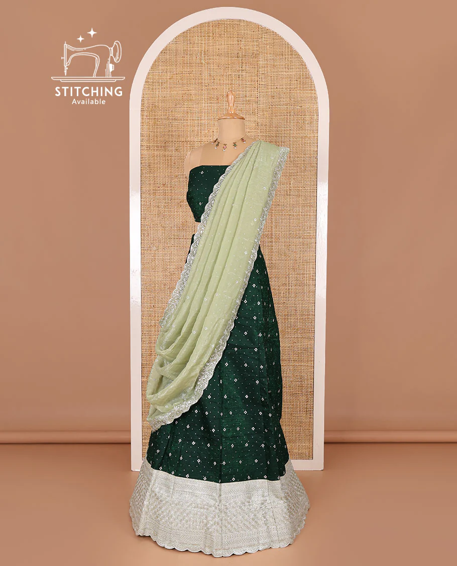 Green half-saree, floral motifs embroidered semi-raw silk top, matching embroidered blouse, and contrast scallop embroidered georgette dhavani - Image 3