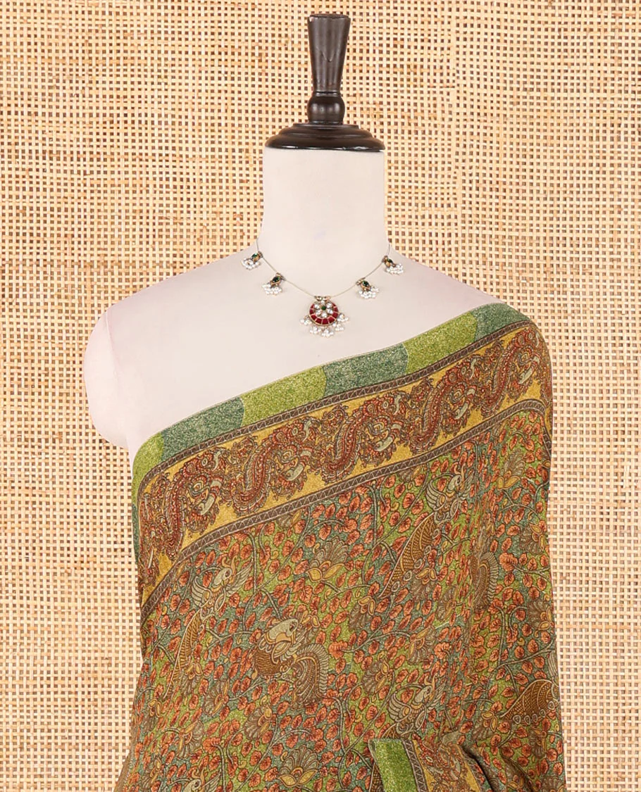 Green intricate floral & bird printed kimaya saree, peacock printed border, printed pallu & contrast printed blouse - Image 3