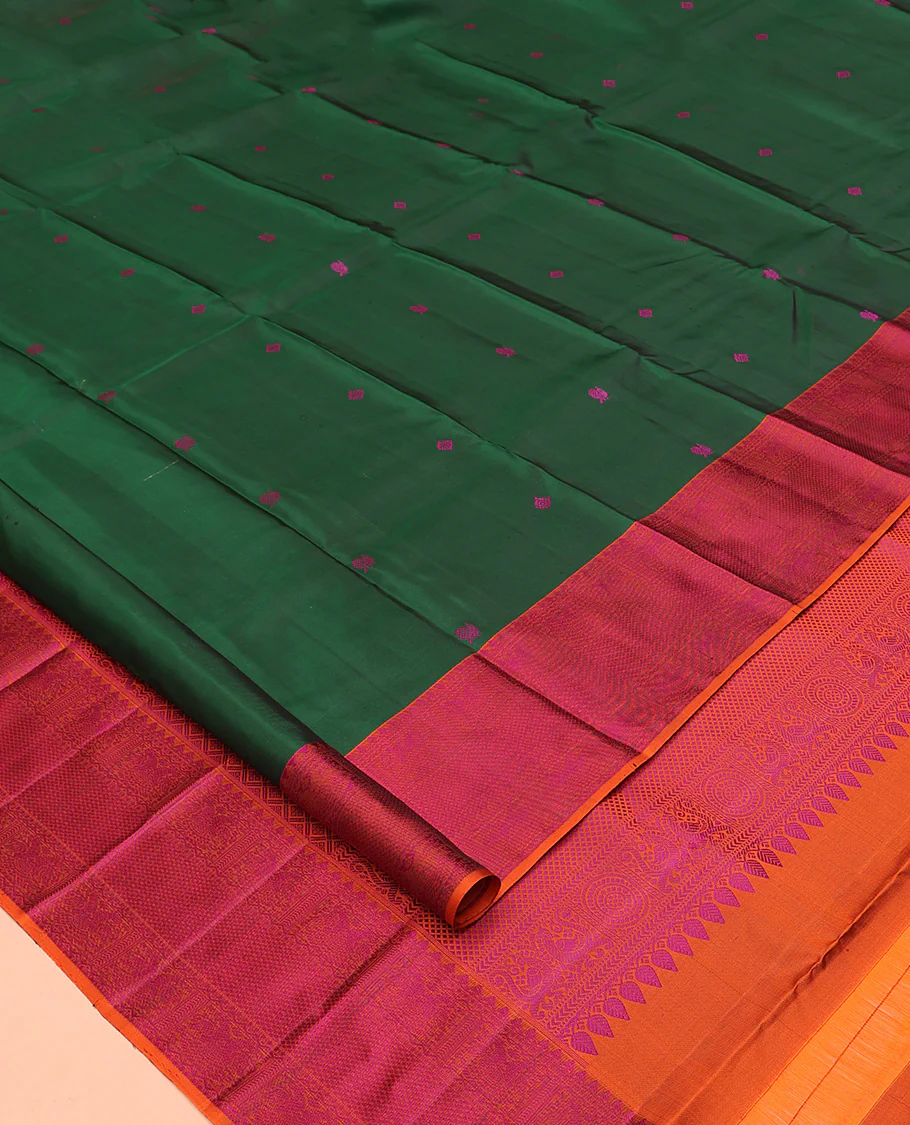 Green Kanchipuram Silk Saree, Accentuated with Thread Buttas All Over Its Body, Complemented by Contrast Border of Iruthalai Pakshi, and Mayil Kann Designs, Jaal Pallu, and Paired with a Contrast Blouse - Image 2