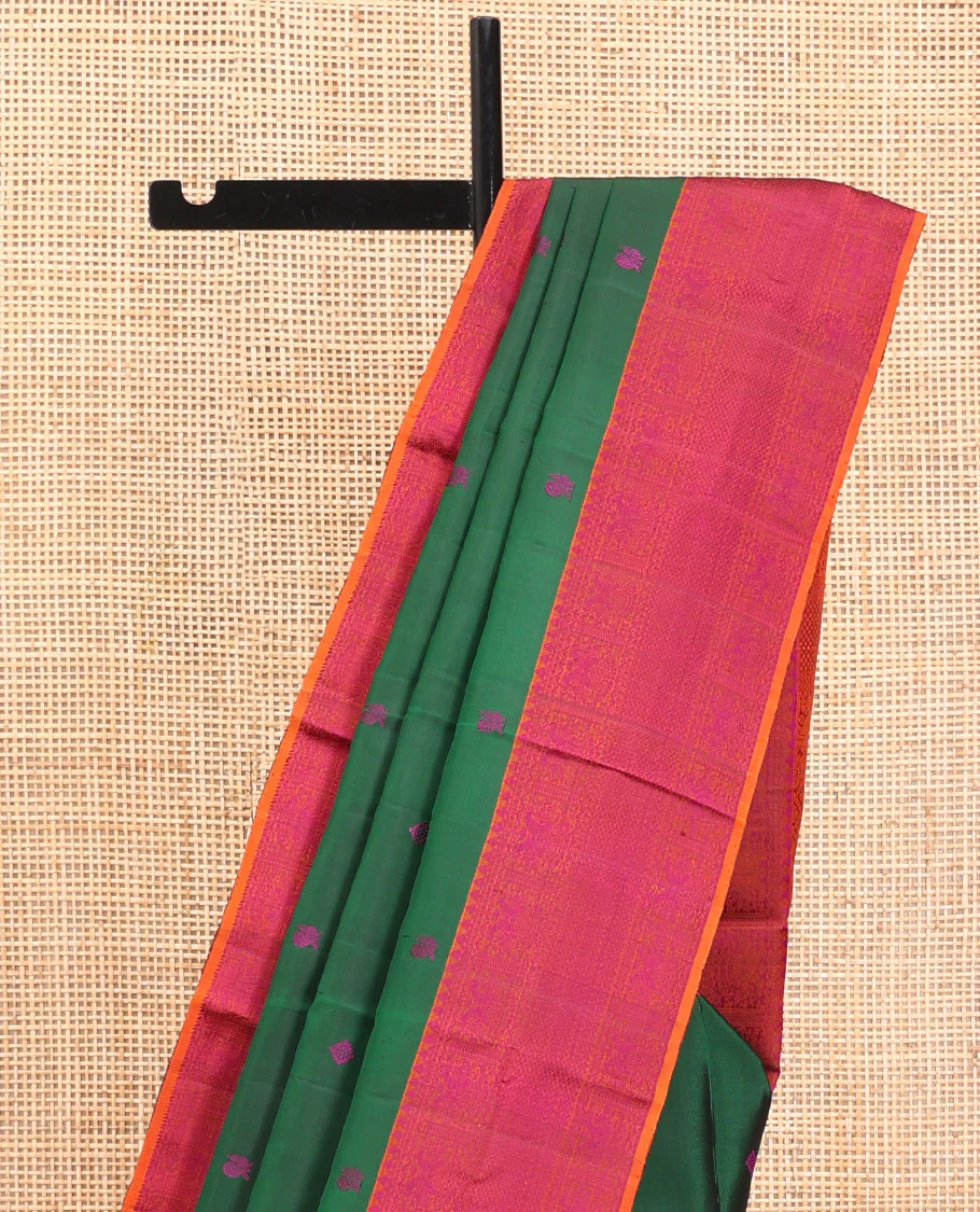 Green Kanchipuram Silk Saree, Accentuated with Thread Buttas All Over Its Body, Complemented by Contrast Border of Iruthalai Pakshi, and Mayil Kann Designs, Jaal Pallu, and Paired with a Contrast Blouse - Image 3