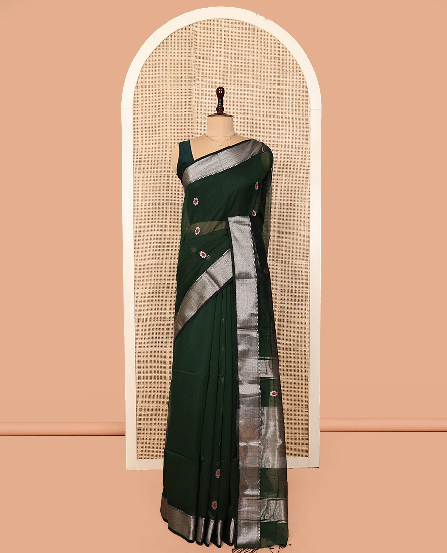 Green Maheshwari Cotton Saree, Bedecked with Meena Buttas All Over Its Body, Highlighted by a Traditional Zari Woven Border, Pallu Steeped with Gleaming Zari Stripes and Buttas, and Paired with a Matching Blouse - Image 3