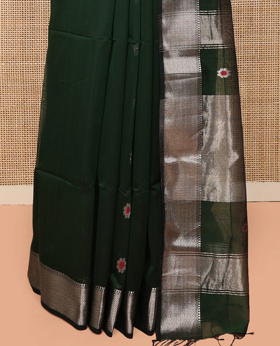 Green Maheshwari Cotton Saree, Bedecked with Meena Buttas All Over Its Body, Highlighted by a Traditional Zari Woven Border, Pallu Steeped with Gleaming Zari Stripes and Buttas, and Paired with a Matching Blouse - Image 4