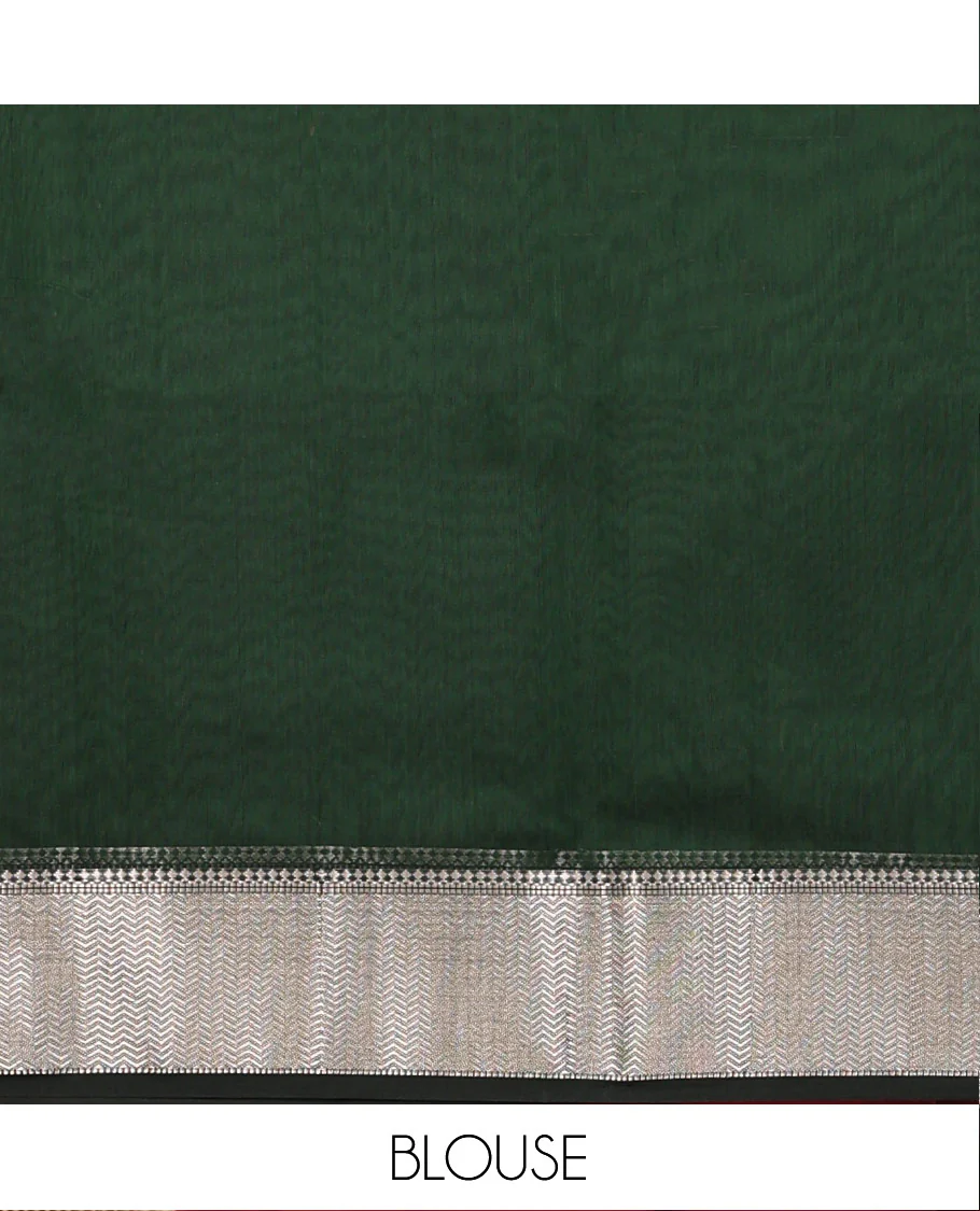Green Maheshwari Cotton Saree, Bedecked with Meena Buttas All Over Its Body, Highlighted by a Traditional Zari Woven Border, Pallu Steeped with Gleaming Zari Stripes and Buttas, and Paired with a Matching Blouse - Image 5