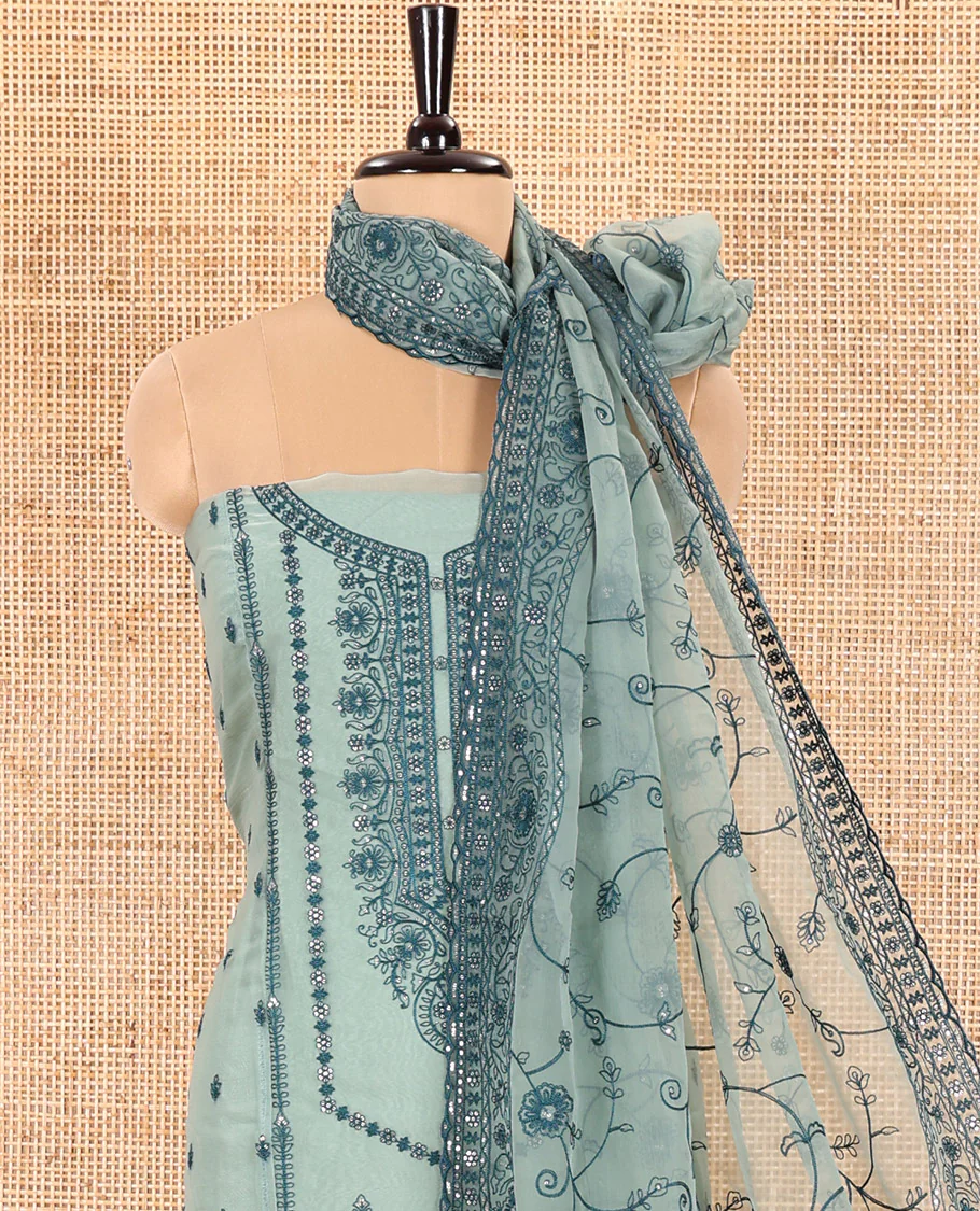 Green Material Chudidar Set Adorned with Embroidered Organza Chiffon Top, Subtly Made Plain Santoon Bottom, and a Organza Dupatta Featuring Floral Jaal Embroidery - Image 3