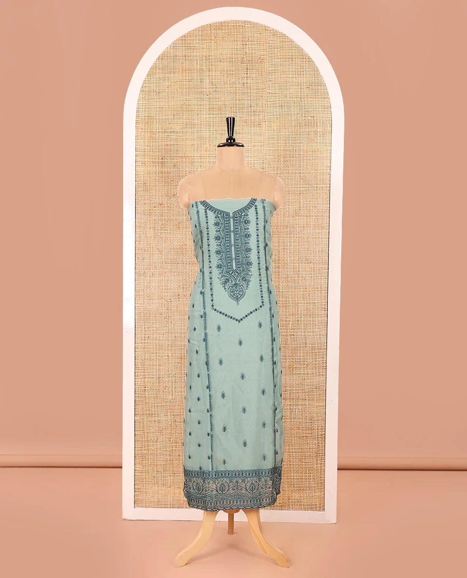 Green Material Chudidar Set Adorned with Embroidered Organza Chiffon Top, Subtly Made Plain Santoon Bottom, and a Organza Dupatta Featuring Floral Jaal Embroidery - Image 4