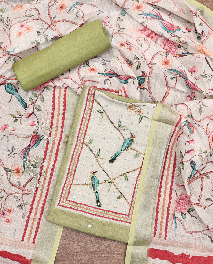 Green Material Chudidar Set, Artfully Detailed with Mirror Work and Floral-Bird Print and Embroidered Neck Work Lilan Cotton Top, a Plain Rayon Bottom, and Paired with a Contrast Floral-Bird-Printed Lilan Cotton Dupatta