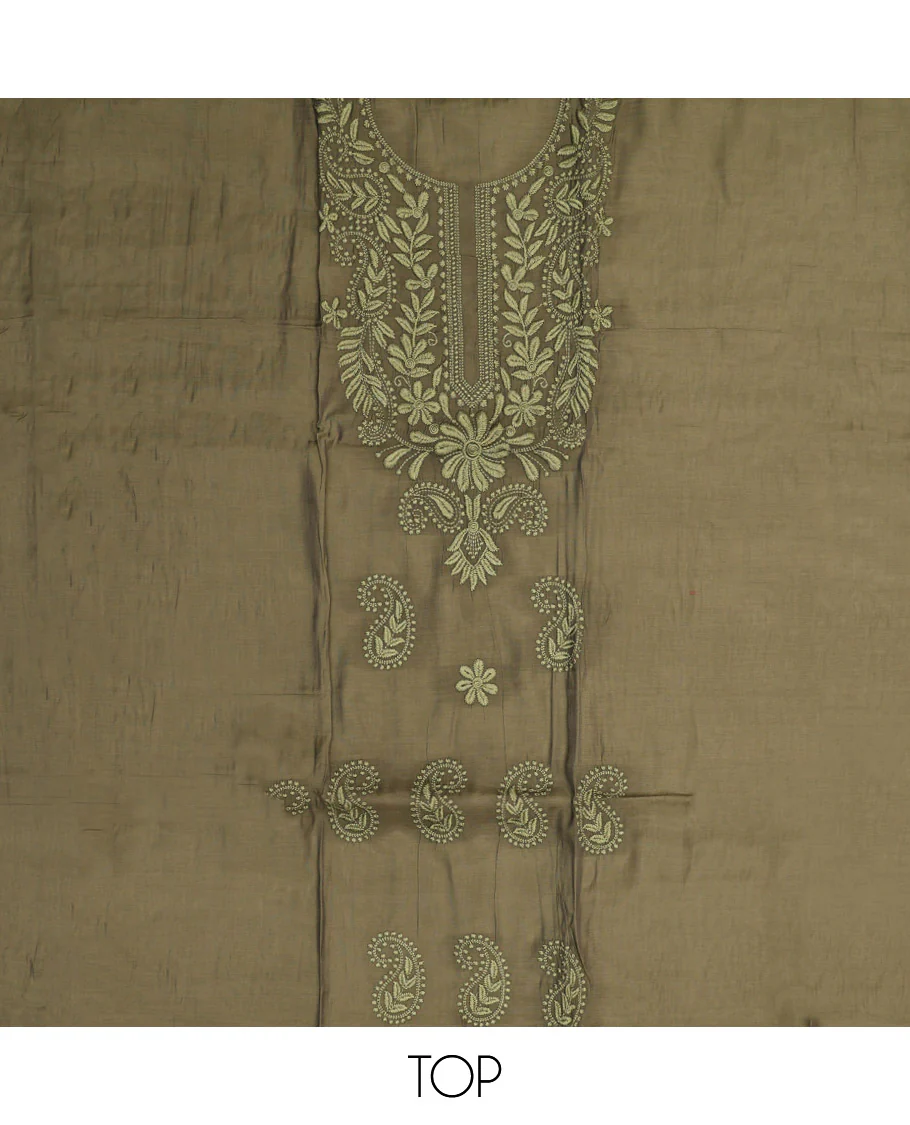 Green Material Chudidar Set, Delicately Woven with Floral-Paisley Embroidered Muslin Top, a Plain Santoon Bottom, and Paired with Intricately Printed Muslin Dupatta - Image 2
