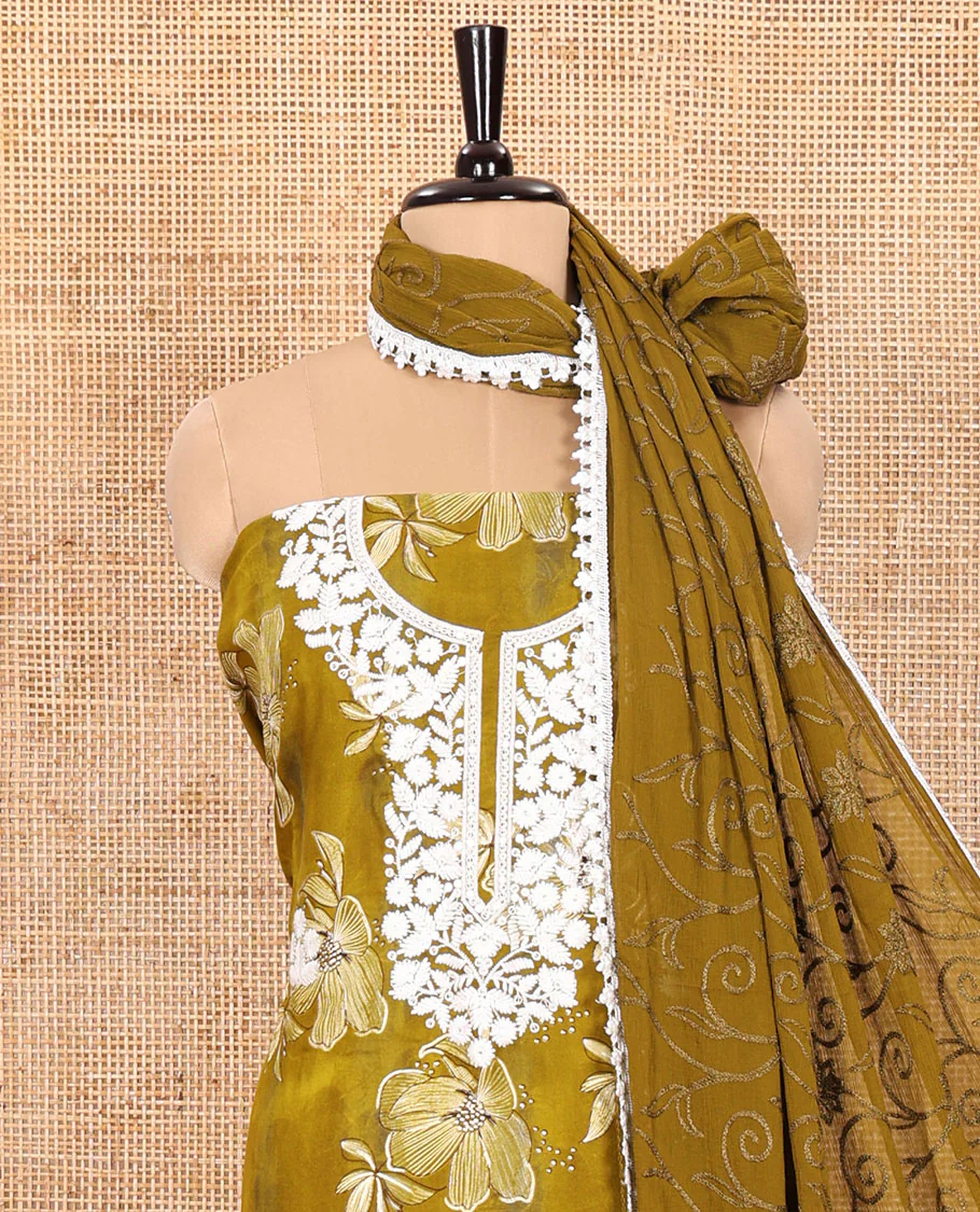 Green Material Chudidar Set Embellished with Phulkari-Style Floral Embroidery and Floral Print Rayon Top, Subtly Made Plain Rayon Bottom, and a Chiffon Georgette Dupatta of Floral Theme Designs - Image 3
