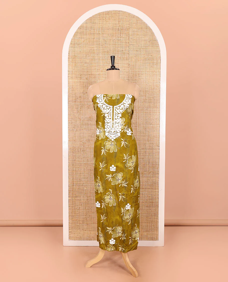 Green Material Chudidar Set Embellished with Phulkari-Style Floral Embroidery and Floral Print Rayon Top, Subtly Made Plain Rayon Bottom, and a Chiffon Georgette Dupatta of Floral Theme Designs - Image 4