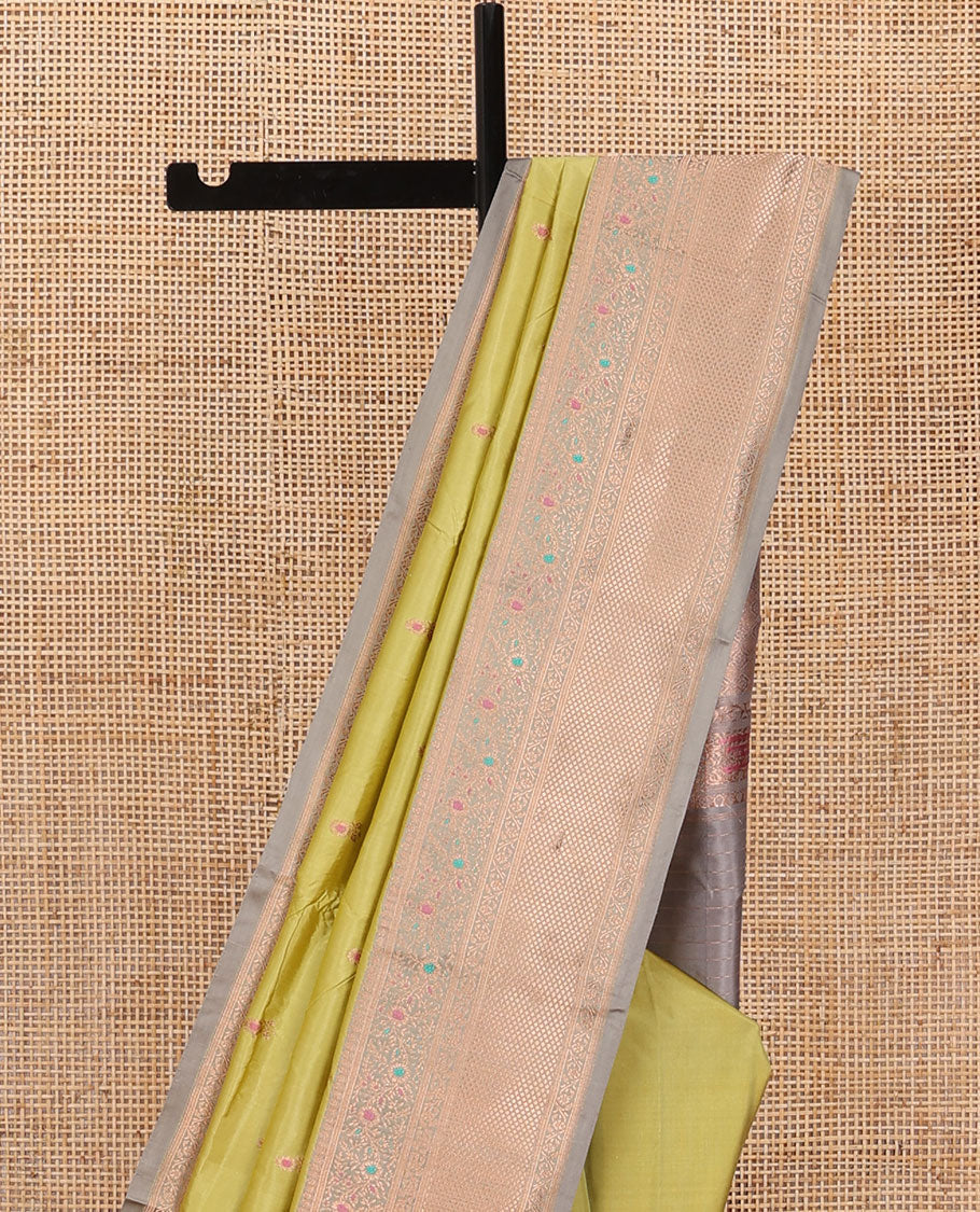 Green meena buttas katan silk saree, contrast tarditional border of meenakari floral designs, and jaal pallu - Image 3