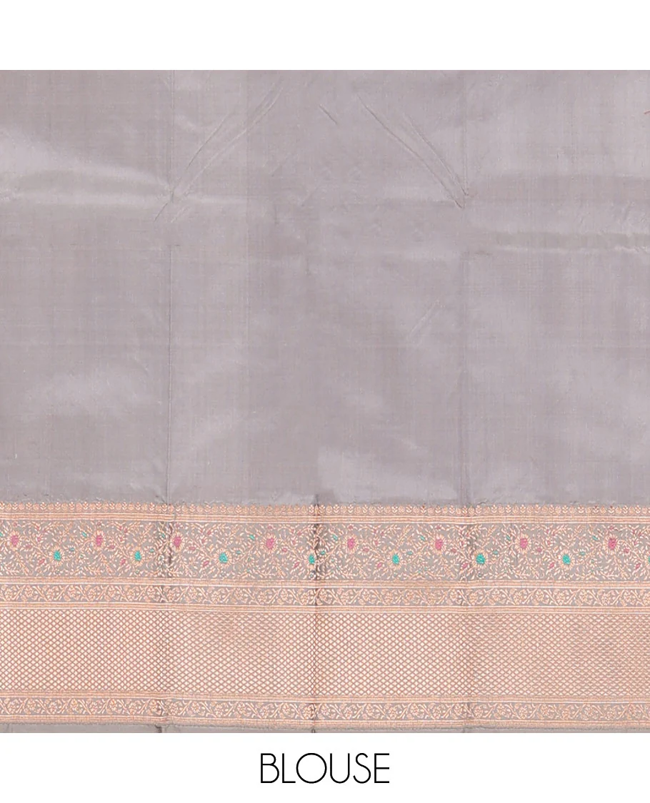 Green meena buttas katan silk saree, contrast tarditional border of meenakari floral designs, and jaal pallu - Image 5
