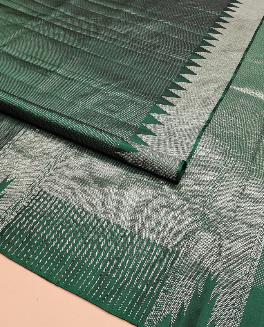 Green micro-checked Kanchipuram silk saree, thazampoo rekku zari border, and pallu of seppu rekku designs - Image 2