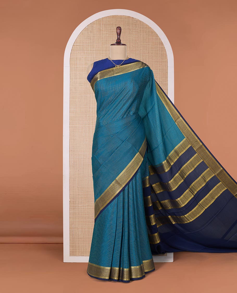 Green micro zari checked Mysore silk saree, contrast zari border, and pallu features traditional zari designs - Image 2