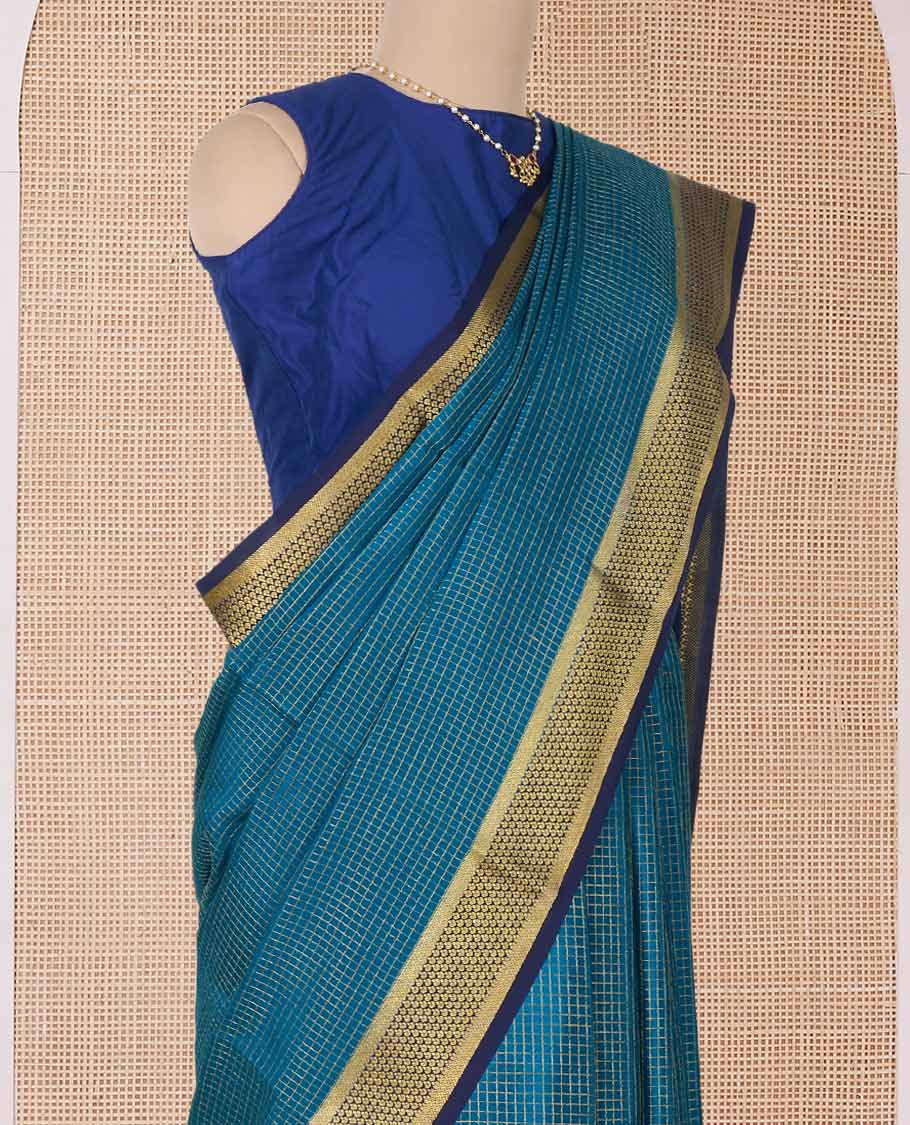 Green micro zari checked Mysore silk saree, contrast zari border, and pallu features traditional zari designs - Image 3