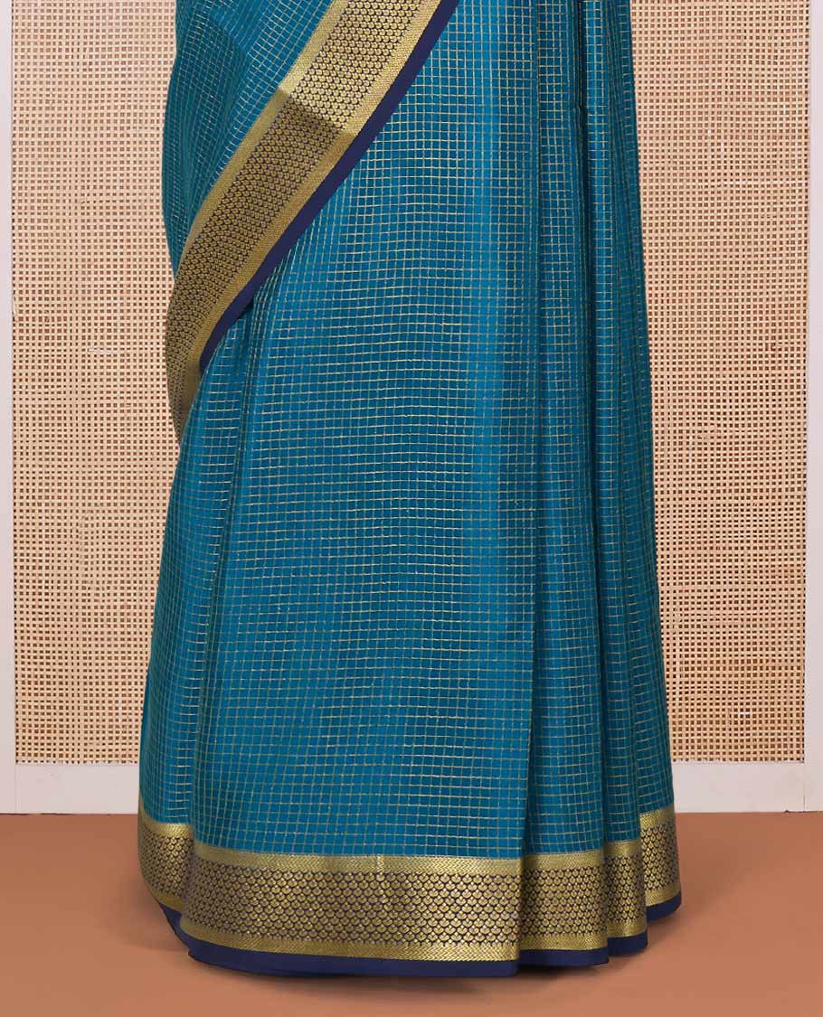 Green micro zari checked Mysore silk saree, contrast zari border, and pallu features traditional zari designs - Image 4