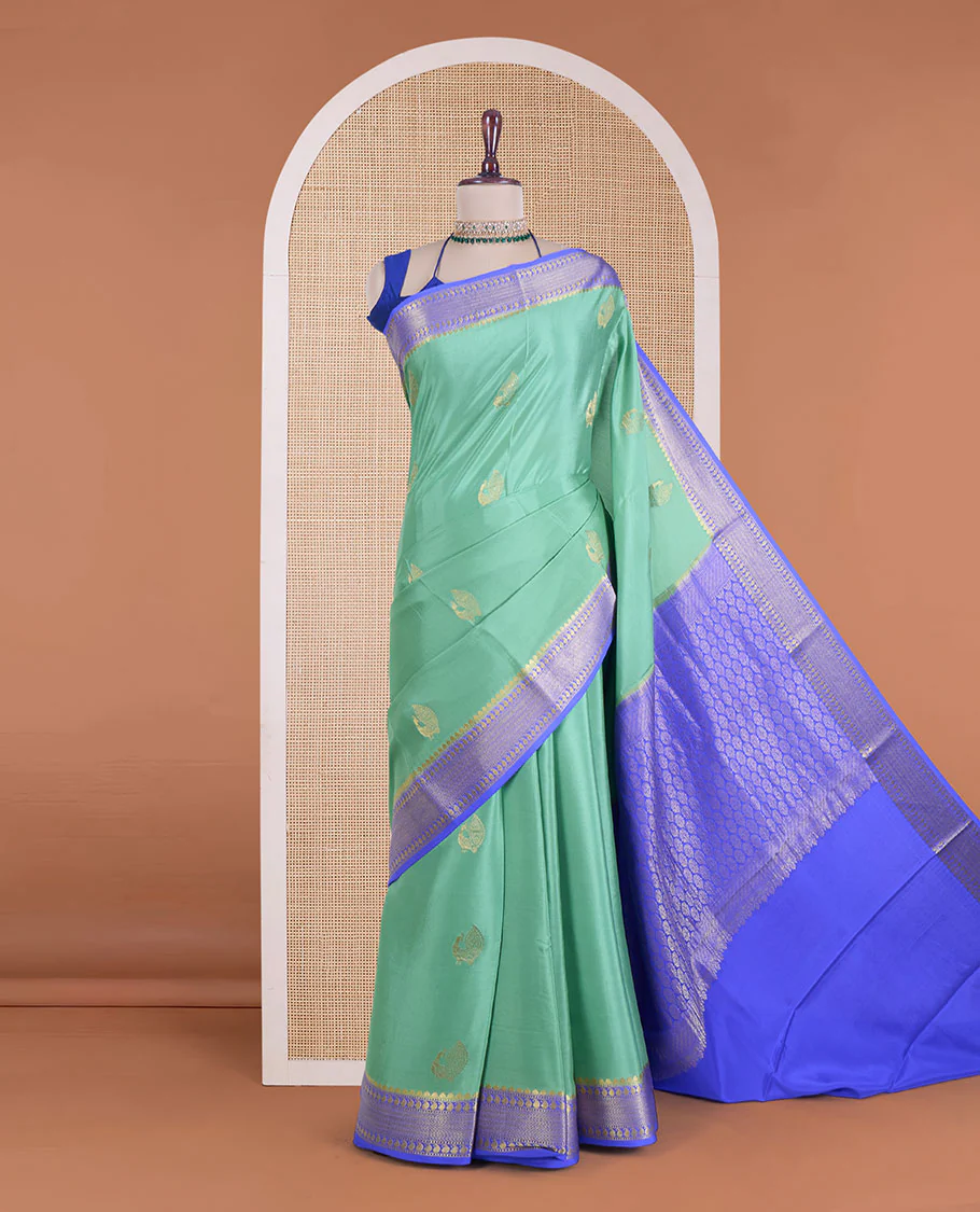 Green peacock buttas Mysore silk saree, contrast traditional zari design border, and intricate pallu - Image 2