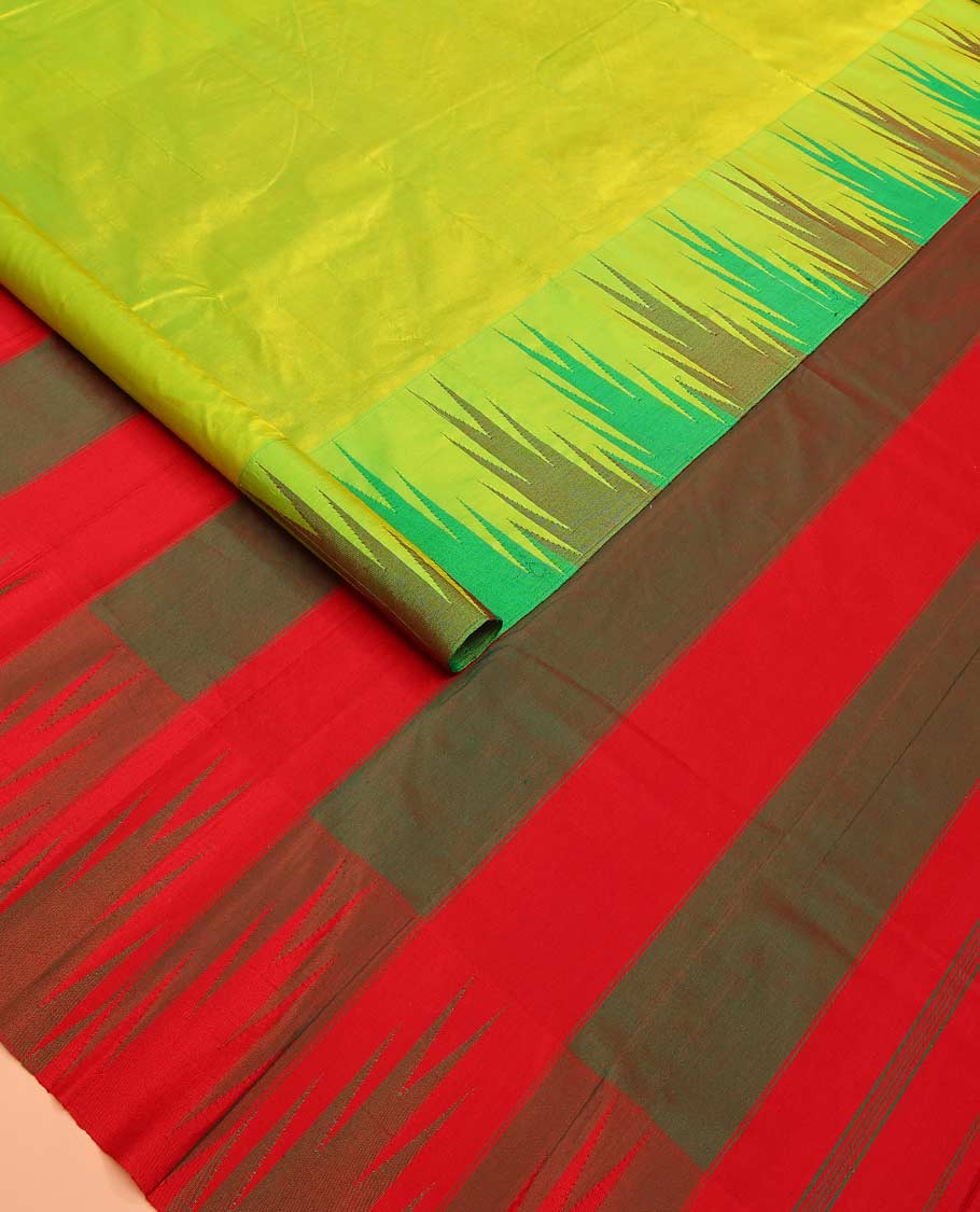 Green plain Bangalore silk saree, contrast temple border, and striped pallu - Image 2