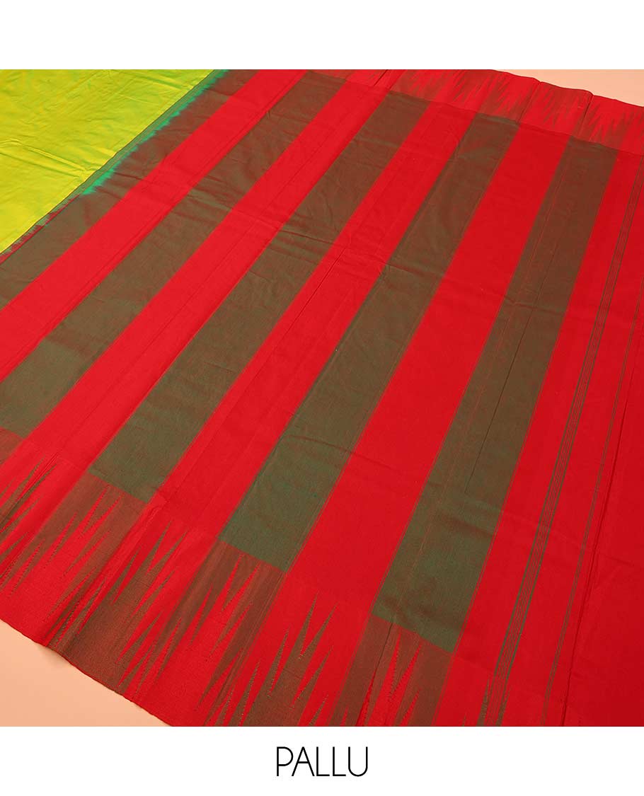 Green plain Bangalore silk saree, contrast temple border, and striped pallu - Image 5