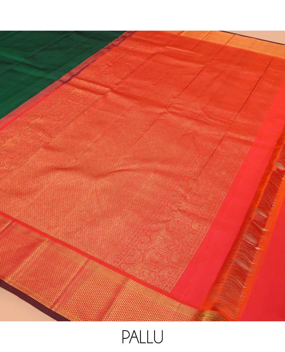 Green plain Kanchipuram silk saree, contrast border of thilakam mokku, muthu, banaras, and ara maadam designs, and ara maadam design pallu - Image 5