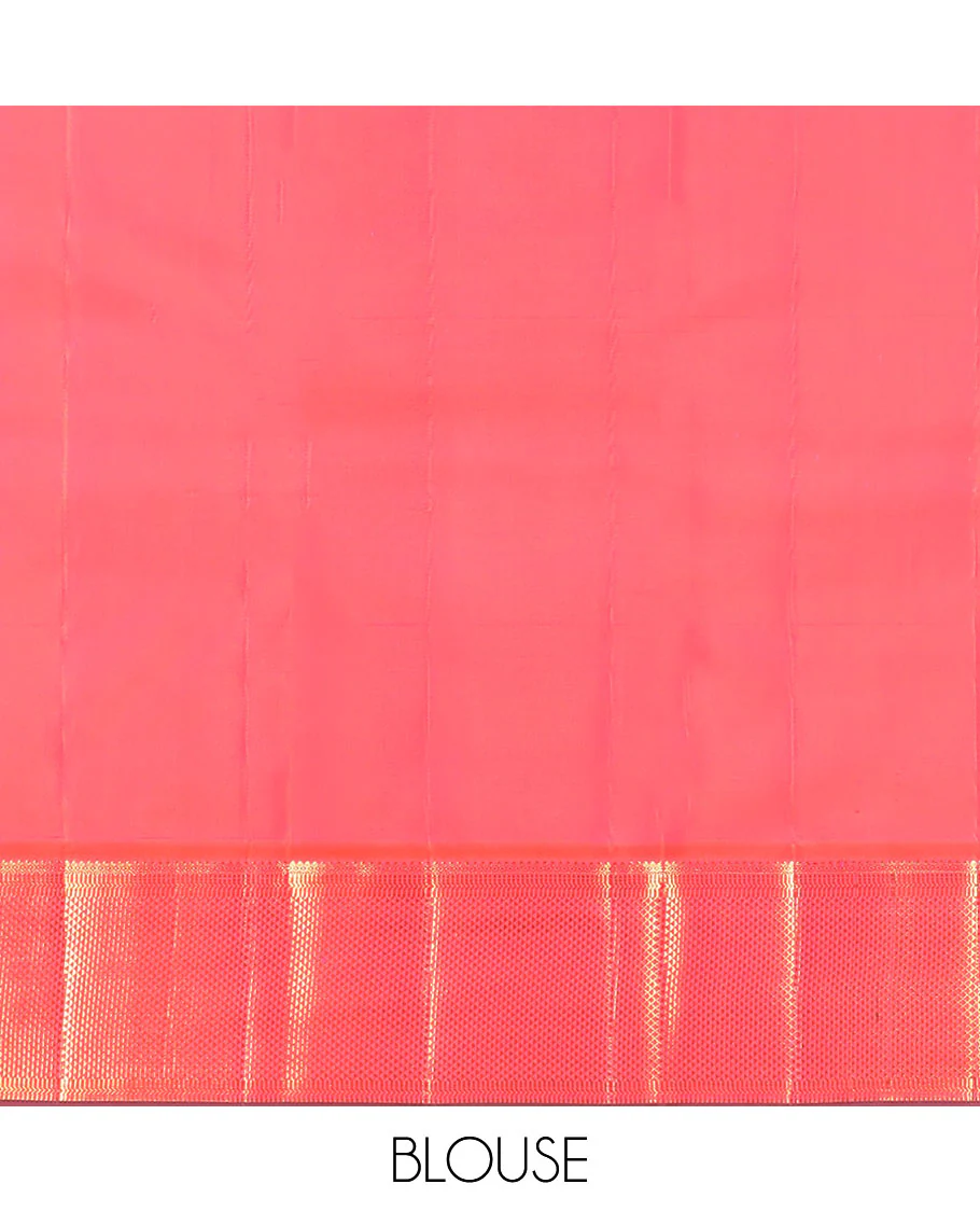 Green plain Kanchipuram silk saree, contrast border of thilakam mokku, muthu, banaras, and ara maadam designs, and ara maadam design pallu - Image 6